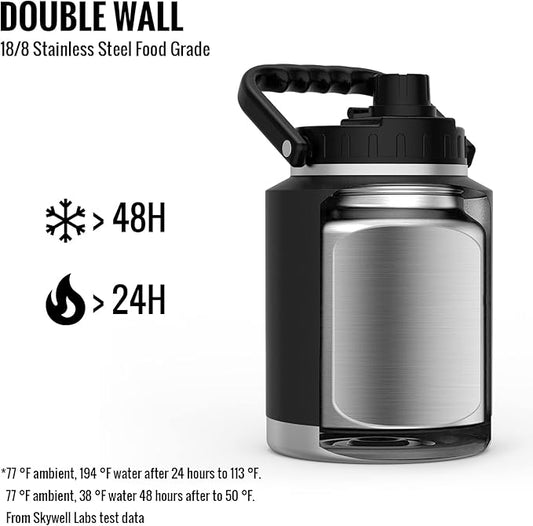 SkyWell Half Gallon Insulated Water Bottle with Handle and Wide Mouth Water Flask Sweat-Proof and Leak-Proof 64 Oz Water Jug for Outdoors, Black