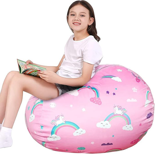 Lukeight Unicorns Stuffed Animal Storage Bean Bag Chair Cover for Kids, Unicorns Zipper Beanbag Chair Cover for Organizing Toddler and Kids' Rooms Plush Toys (Rainbow Pink, XX-Large)