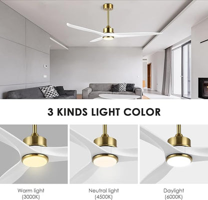 WINGBO 60 Inch DC Ceiling Fan with Lights and Remote Control, 3 Reversible Carved Wood Blades, 6-Speed Noiseless DC Motor, Modern Ceiling Fan in Brass Finish with White Blades