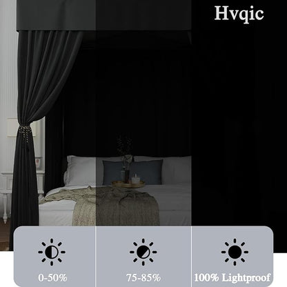 Hvqic Black Canopy Bed Curtains - 4 Corner Post Bed Curtains Queen Bed Curtains Lightproof Drapes Bed Canopy for Adults & Girls Bedroom Decoration (Queen,Black)