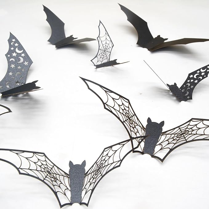 Halloween Wall Stickers Decorations Large Bat Wall Decals Supply Hollow Out Bats Decor Scary Bat Stickers for Wall Glass Mirror Living Room Home Kitchen Indoor Outdoor Halloween Decoration Clearance