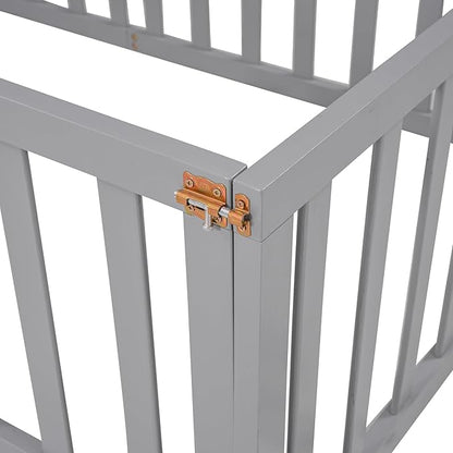 Twin Size Floor Bedframe with Door and Safety Guardrails Fence, Solid Wooden Toddler Montessori Platform Bed for Children Bedroom, Boys Girls, Kids Playroom