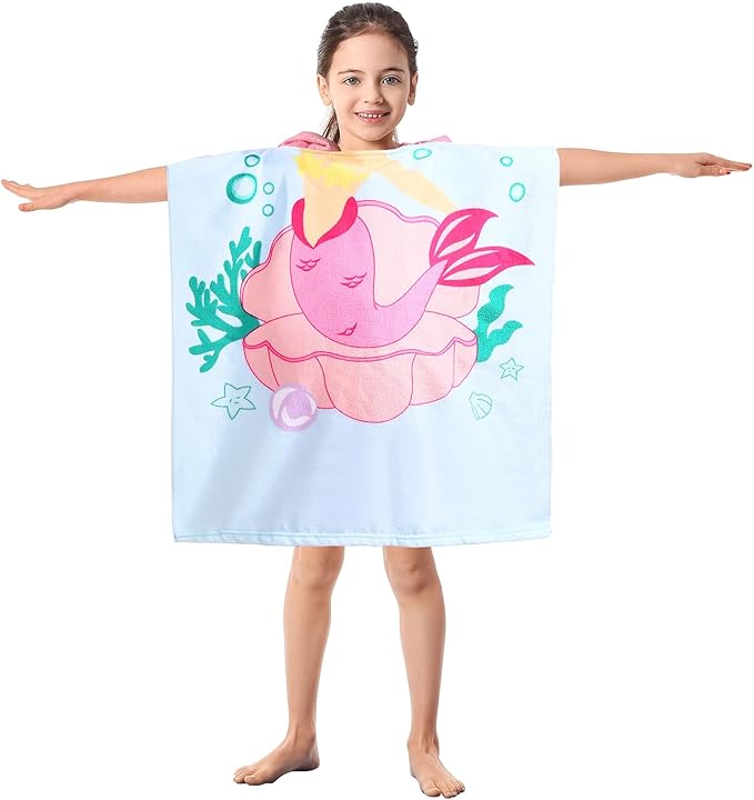 Kids Blue Mermaid Hooded Beach Towel Girls Cute Poncho Pool Towels with Hood 24*47 in Soft Microfiber Swim Cover-ups Kids Ages 3-10 Thick Absorbent Cotton Hooded Bath Towel Wrap Bathrobe
