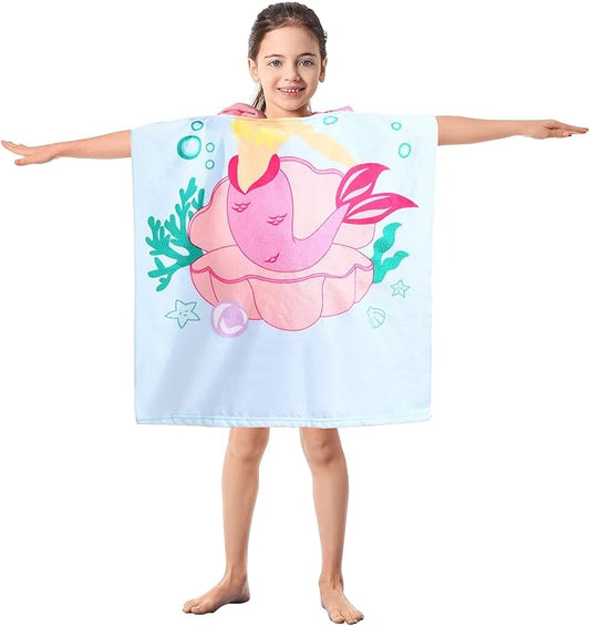 Kids Blue Mermaid Hooded Beach Towel Girls Cute Poncho Pool Towels with Hood 24*47 in Soft Microfiber Swim Cover-ups Kids Ages 3-10 Thick Absorbent Cotton Hooded Bath Towel Wrap Bathrobe