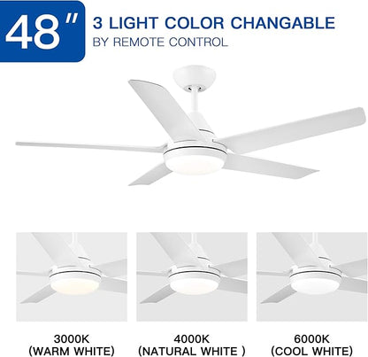 NicBex Ceiling Fan 48 Inch Modern Ceiling Fans with Integrated LED Light and Remote Control Double Finish Ceiling Fan with 5 Blades for Living Room, Bedroom, White