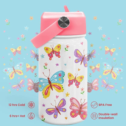 Kids Water Bottle with Straw Lid - 12 Oz Insulated Stainless Steel Water Bottles for Toddlers Kid Girl- Travel Cup for School Sports