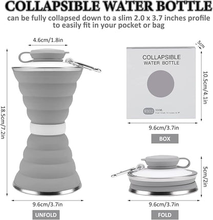jessie Collapsible Water Bottles 17 oz Silicone Foldable Water Bottles Portable Travel Water Bottle with Buckle for Camping Hiking Sports Outdoor Gym Summer (Gray)