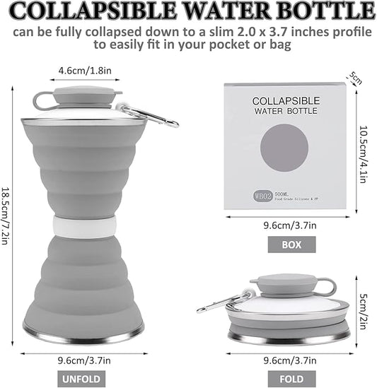 jessie Collapsible Water Bottles 17 oz Silicone Foldable Water Bottles Portable Travel Water Bottle with Buckle for Camping Hiking Sports Outdoor Gym Summer (Gray)