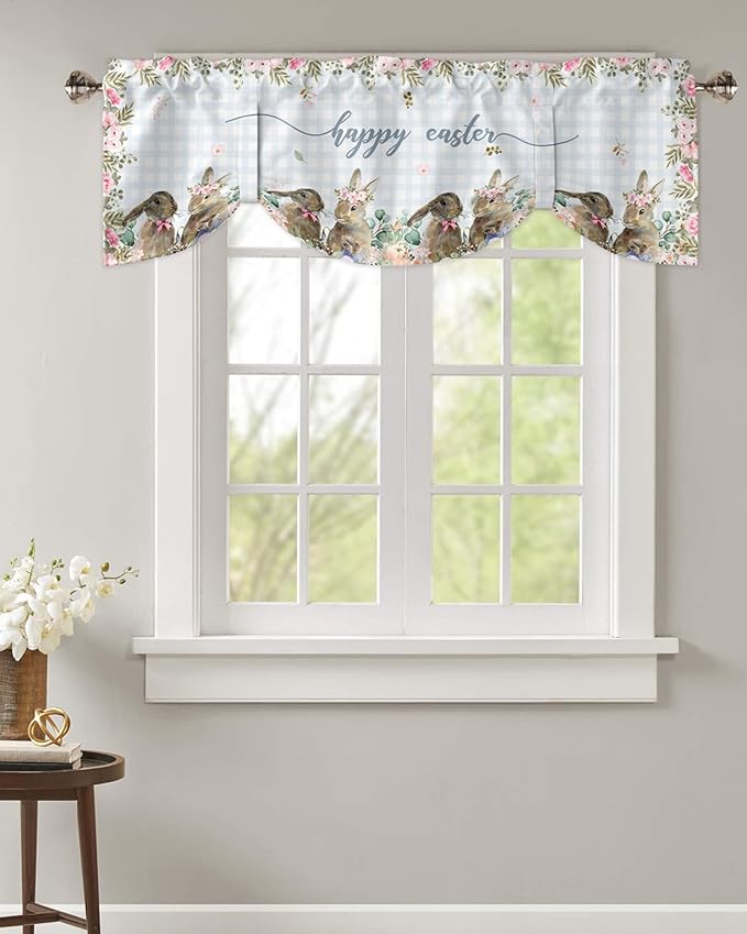 Rabbits Flowers Easter Blackout Tie Up Valance Curtains for Kitchen Windows Eucalyptus Leaf Spring Summer Window Toppers Balloon Shades for Living Room/Bathroom/Bedroom,1 Panel, 54" X 18,Buffalo Plaid