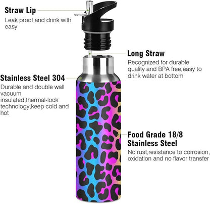 senya 34 Oz Water Bottle with Straw Leopard Print Cheetah Neon Gradient Stainless Steel Water Bottle for Traveling Sports Leakproof Insulated Water Bottle