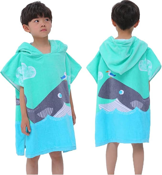 Kids Hooded Towel Bath Beach Soft Cotton Towels Boys Absorbent Pool Wrap with Hood Baby Toddler Poncho Robe(Ocean Whale,3-4Years/Height:33"-43")