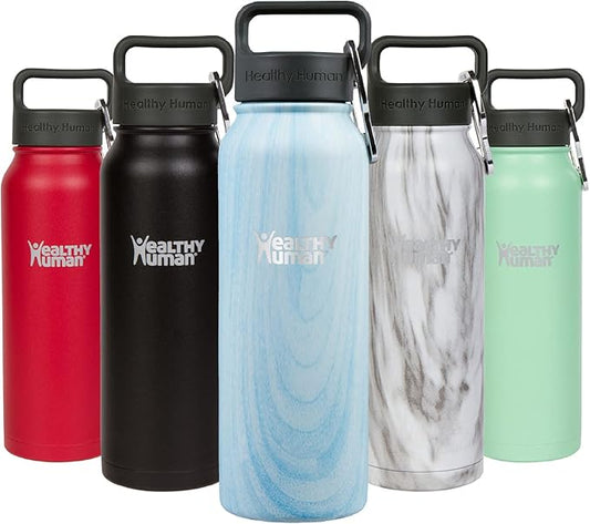 Healthy Human Stainless Steel Water Bottle | Double Walled Vacuum Insulated Water Thermos for Adults | Eco-Friendly Travel Bottles with Leak Proof Lid (Blue Wood, 21 oz/ 621 ML)