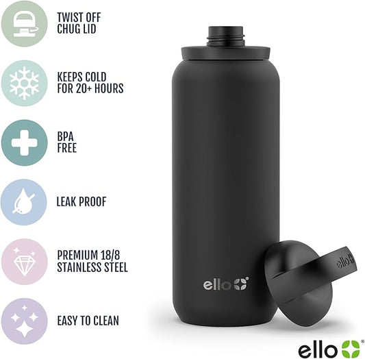 Ello Cooper Twist 22oz Stainless Steel Water Bottle with Chug Lid | Leak Proof Double Walled and Vacuum Insulated | Fits Car Cupholder | Built in Carry Loop | Dishwasher Safe | White