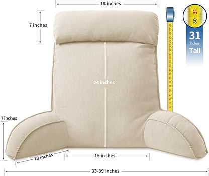 Reading Pillow for Bed Adult Size, Back Pillow for Sitting in Bed, Shredded Memory Foam Bed Chair Pillow with Arms, Pockets, Washable Cover (Beige, Large)