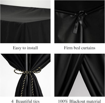 Black Canopy Bed Curtains - 4 Corner Post Bed Curtains Twin Lightproof Drapes Bed Canopy Curtains with Tie Backs for Adults & Girls Bedroom Decoration(Black,Twin)