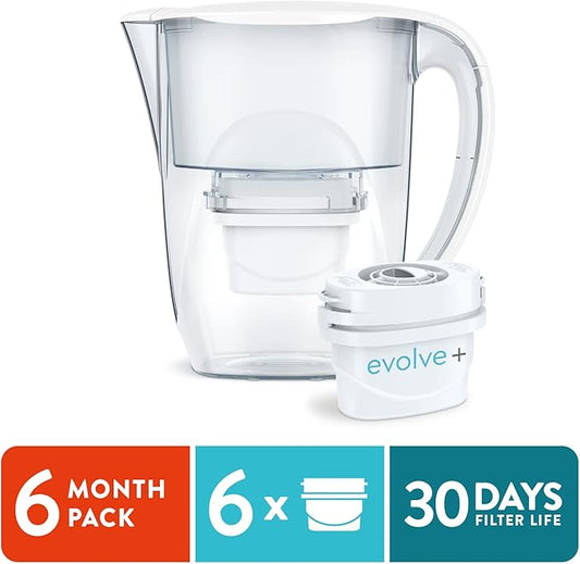 Aqua Optima 6-Cup Water Filter Pitcher Bundle Pack for Tap and Drinking Water with 6 Evolve+ Filter, Reduces Microplastics, Improves Taste, BPA Free, WQA Certified, Oria Design (White)