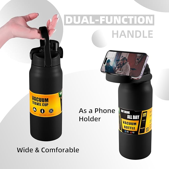 ColorSub 50oz Insulated Water Bottle With 2-in-1 Straw and Chug Leakproof Lid, BPA Free Stainless Steel Wide Mouth Sports Water Cup Flask Black
