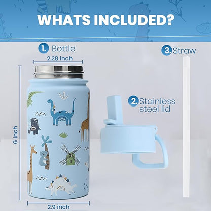 Water Bottle 14 Oz, Triple Walled Insulated Stainless Steel Odor & Strain Resistant Reusable Bottle, 1 straw Lid, Leakproof, Metal Mug Gallon, BPA Free, Blue Zoo