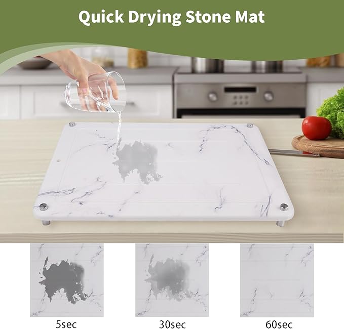 Stone Drying Mat For Kitchen Counter,Coffee Mat,Ultra Absorbent, Fast Dry, Non-Slip, Heat Resistant Drying Stone For Counter（15.8x11.8 inch，White Marble）