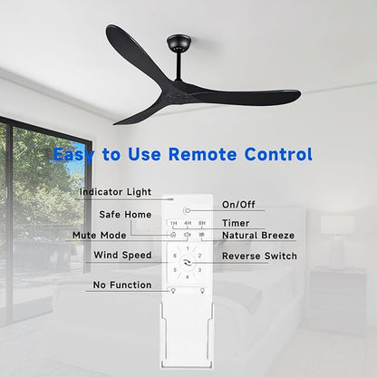 Bigzone 60" Black Ceiling Fan No Light, Energy Efficient DC Motor, 3 Brown Balsa Wood Blades, Wood Ceiling Fan with Remote Control, Reversible Blades