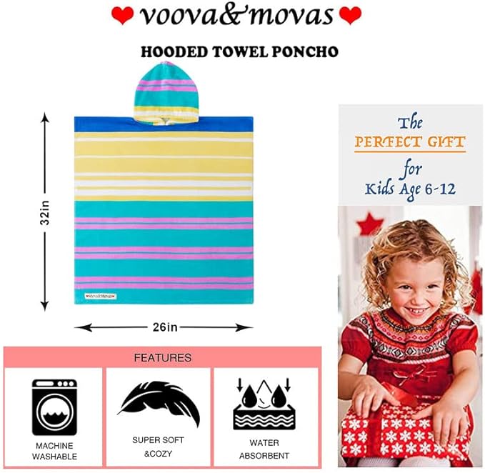 VOOVA & MOVAS Hooded Beach Towels for Kids, Oversized (6-12Years) Made from 100% Soft Cotton,Perfect for Swimming | Bathing | Beach | Birthday Gifts, Colorful Stripe
