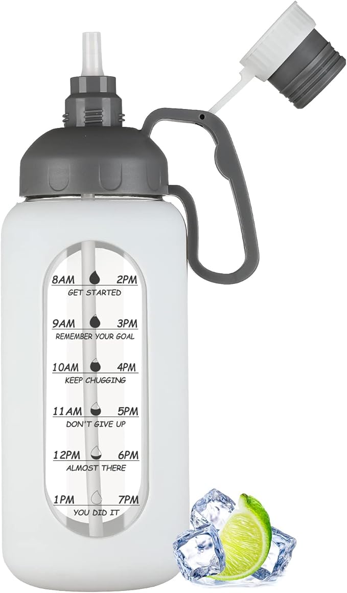 MUKOKO 64oz Glass Water Bottles with Straw, Half Gallon Water Bottle with Time Marker, Motivational Water Bottle with Silicone Sleeves,Large Glass Water Bottle for Gym,Working,Outdoor,White