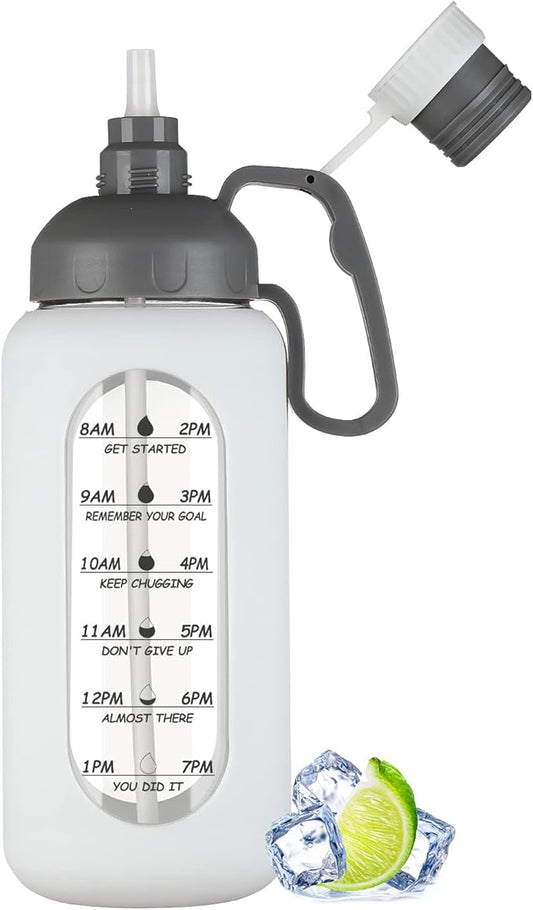 MUKOKO 64oz Glass Water Bottles with Straw, Half Gallon Water Bottle with Time Marker, Motivational Water Bottle with Silicone Sleeves,Large Glass Water Bottle for Gym,Working,Outdoor,White