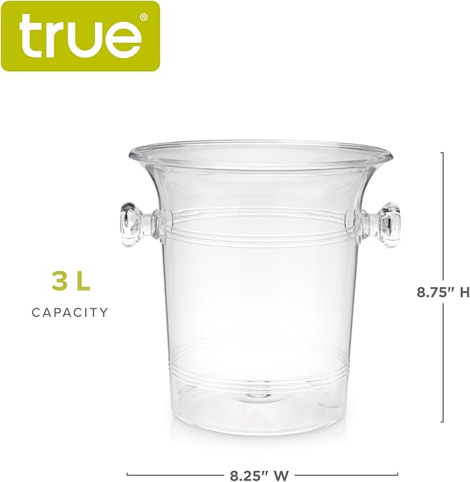 True Acrylic Ice Bucket with Handles, 3-Liter Capacity, Clear Plastic Ice Bucket, Acrylic Wine Bucket, Clear Champagne Bucket, Beverage Bucket, Ice Buckets for Parties, 8.75" x 8.25", Set of 1