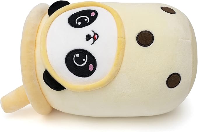 NiuniuDaddy Boba Plushies with Panda Face-13.7inches Large Yellow Cream Bubble Tea with Straw Stuffed Animals-Soft Kawaii Milk Tea Cup Plush Toy Pillow for Kids-Machine Washable,Medium