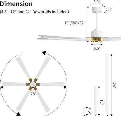 78 Inch Ceiling Fan with Lights and Remote Control, 6 Reversible ABS Blades, 6-Speed Noiseless DC Motor with 4.5" / 12" / 24" Downrods for Bedroom Dining Living Room, Gold and White