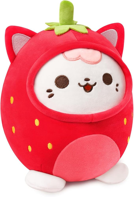 PEACH CAT Strawberry Cat Plush Pillow Cute Strawberry Kitten Stuffed Animal Cat plushie with Strawberry Outerwear for Kids Red 12"