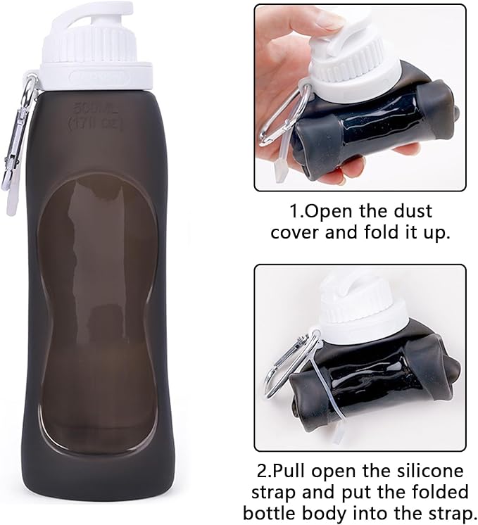 Wesoke Sport Collapsible Water Bottles Black, 500 ml/17oz Foldable Travel Water Bottle Cup, Lightweight Food Grade Silicone Reusable Leakproof Water Bottles with Carabiner for Gym Running Cycling