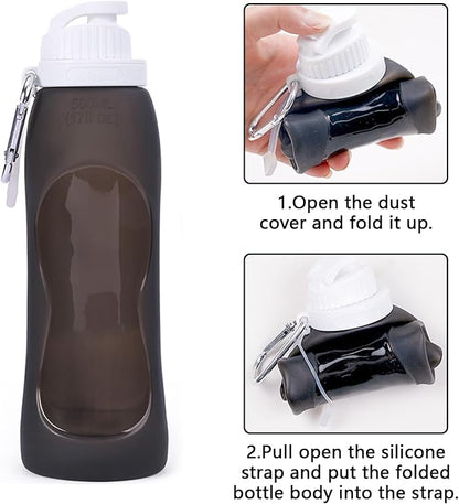Wesoke Sport Collapsible Water Bottles Black, 500 ml/17oz Foldable Travel Water Bottle Cup, Lightweight Food Grade Silicone Reusable Leakproof Water Bottles with Carabiner for Gym Running Cycling