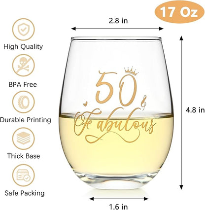 DAZLUTE 50th Birthday Gifts for Women, 50 & Fabulous Wine Glass with 1 Pack Reusable Burlap Wine Bag, 50 Year Old Wine Glass Birthday Gift for Women Mom Friend Sister Wife Aunt Grandma, 17 Oz Gold
