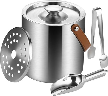 Stainless Steel Double-Wall Insulated Ice Bucket with Lid, Scoop, Tong, Strainer, Leather Handle Keep Ice Frozen Longer Large Wine Ice Buckets for Parties Cocktail Bar Chilling Champagne 2L