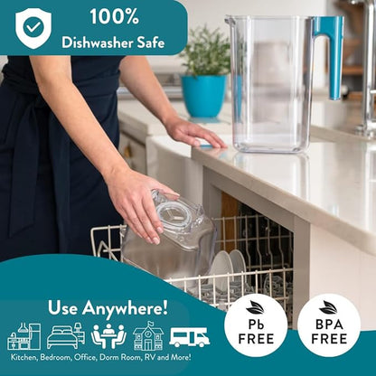 Perfect Pour Large 10 Cup Water Filter Pitcher by Aqua Optima, Reduces Microplastics, Ergonomic, Eliminates Splashes and Spills, BPA Free, NSF Certified, Includes 6 Evolve+ Water Filters, Blue