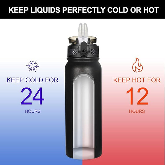 GOPPUS 20oz Insulated Stainless Steel Water Bottle with Straw Lid Reusable Leakproof Water Flask, Keeps Hot and Cold Sports Canteen Water Bottles for Kids Men Women Gym （Black 1 Lid）