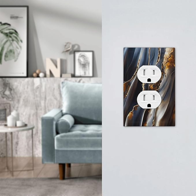 Gradient Abstract Ripple Blue Gold Marble Printed Single Duplex Wall Plate Covers Light Switch Cover 1 Gang Outlet Plate Decorative Switchplate Covers Electrical Faceplate for Kitchen Bathroom Decor