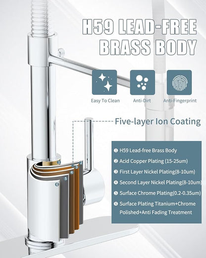 Kitchen Faucet with LED Light, Chrome Faucet with Soap Dispenser, Faucet for Kitchen Sink, Single Handle Stainless Steel Kitchen Sink Faucets with Pull Down Sprayer, Camper Farmhouse RV Sink Faucet