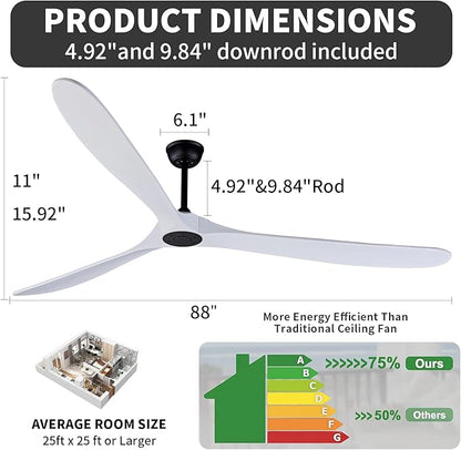 Bigzone 88" Indoor Ceiling Fan With Remote Control, DC Motor Quiet Energy Saving,3 White Balsa Wood Blades,Outdoor/Indoor Ceiling Fan With Reversible Blades