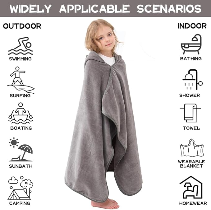 Hiturbo Kids Hooded Bath Towel: 100% Cotton Soft Thick Absorbent Towels Wrap - 50"x30" Shower Beach Pool Wearable Blanket for 3-12 Yrs Boys Girls - Gray