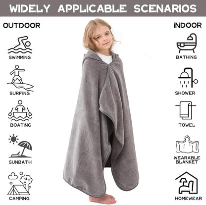 Hiturbo Kids Hooded Bath Towel: 100% Cotton Soft Thick Absorbent Towels Wrap - 50"x30" Shower Beach Pool Wearable Blanket for 3-12 Yrs Boys Girls - Gray