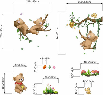 Woodland Bear Wall Stickers - Baby Animal Tree Branch Wall Decals - Nursery Kids Girls Boys Room Daycare Playroom Classroom Wall Decor