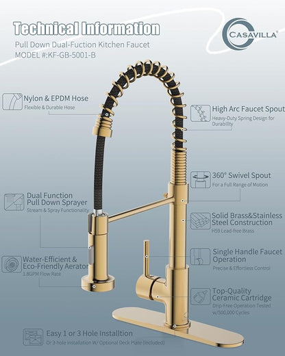 Kitchen Faucet, Brushed Gold Kitchen Faucet with Soap Dispenser and Deck Plate, Faucet for Camper Farmhouse RV Kitchen Sink, Single Handle Stainless Steel Kitchen Sink Faucets with Pull Down Sprayer