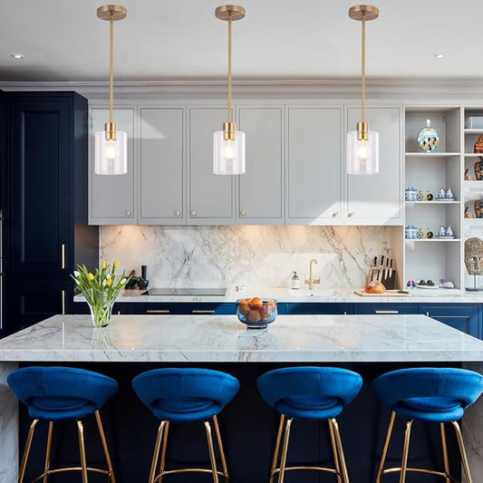 Brass Pendant Lights Kitchen Island,Modern Farmhouse Clear Glass Pendant Light,Gold Light Fixture Kitchen Pendant Mini Hanging Light Fixture for Sink (Brass 2 Pack stem Rod)