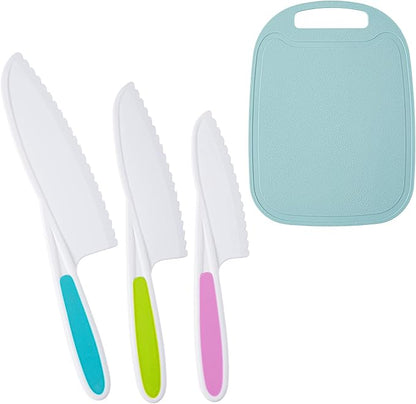 Kids Knife Set, Kids Knifes for Real Cooking, 3 Pieces Kids Knife with Cutting Board, BPA-Free Kids Kitchen Knife with Serrated Edges for Cutting Fruit, Vegetable, Salad, Bread,Sandwich