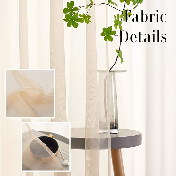 Beige Sheer Voile Curtains Translucent Solid Color Window Treatment 72 Inches long Panels Rod Pocket Beige Drapes for Bedroom Living Room 2 Panels 52x72