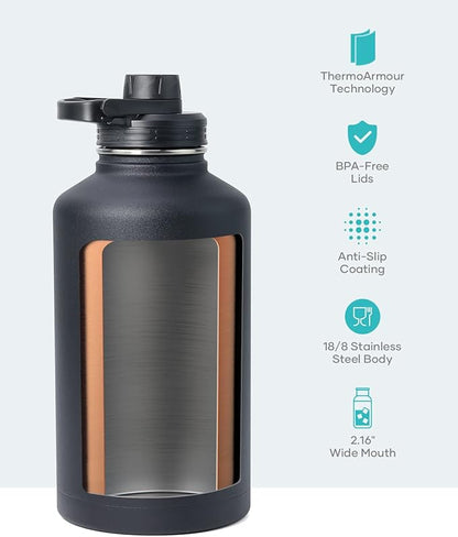 BUZIO Water Bottle with Straw lid, Spout Lid, Hand Lid and Carrying Pouch, 32oz 40oz 64oz Stainless Steel Water Flask Jug, Cold for 48 Hrs Hot for 24 Hrs Double Vacuum Thermo Canteen Mug, BPA-Free