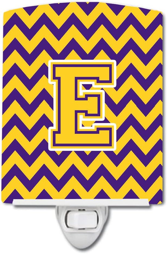 Caroline's Treasures CJ1041-ECNL Letter E Chevron Purple and Gold Ceramic Night Light Compact, UL-Certified, Ideal for Bedroom, Bathroom, Nursery, Hallway, Kitchen, 6x4x3, Multicolor