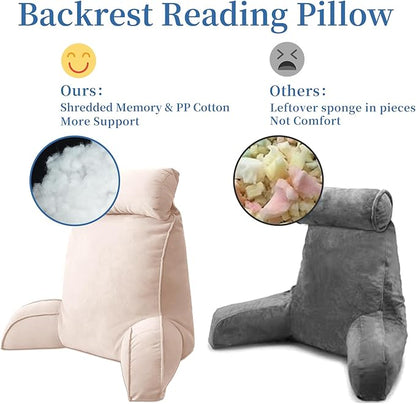 Reading Pillow for Bed Adult Size, Back Pillow for Sitting in Bed, Shredded Memory Foam Bed Chair Pillow with Arms, Pockets, Washable Cover (Pink, Large)